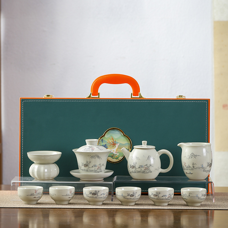 High-end landscape Ru kiln kung fu tea set complete set of tea making tea pot cover bowl tea cup activities festive business gifts