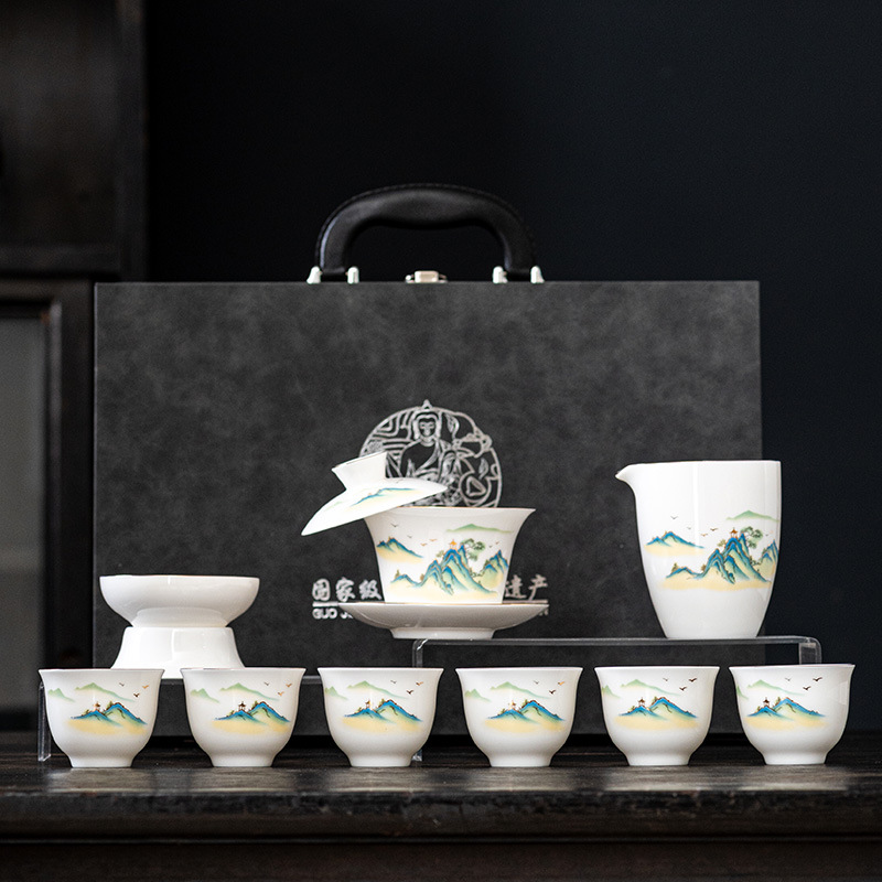 Sheep fat jade kung fu tea set hovering cover bowl business gift activities accompanying gifts Mid-Autumn Festival and National Day gifts