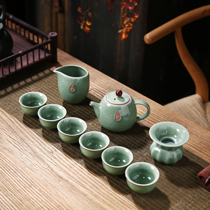 New embossed Ge kiln Zen tea kung fu tea set, creative gift, ceramic teapot, high-end business gift