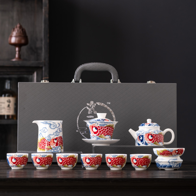 2024 new Arowana high-end full-color mutton fat jade tea set, business companion gift, housewarming gift, and gift to friends and leaders