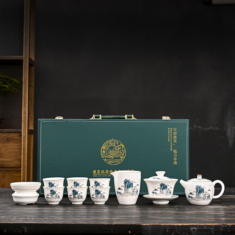 Thousands of miles of Jiangshan sheep fat jade white porcelain kung fu tea set household light luxury high-end ceramic cover bowl tea cup 2023 models