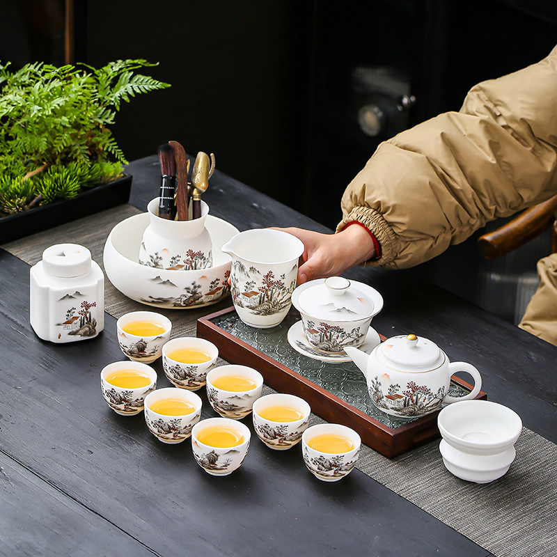 Dehua white porcelain high-end sheep fat jade kung fu tea set household living room cover bowl tea cup small gift custom logo