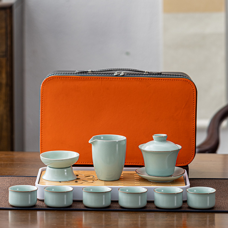 Ceramic Ru kiln cover bowl teapot sky blue travel tea set tea tray portable bag tea cup complete set event gift
