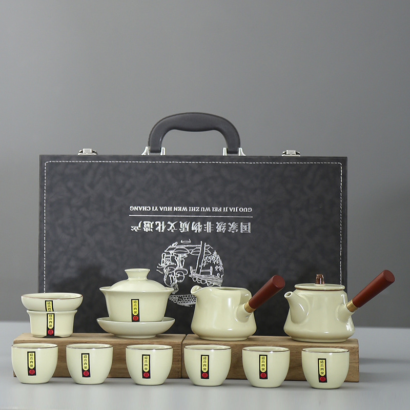 Ceramic Ru kiln Kung Fu tea set simple home office guest guest two-sided handle anti-scalding tea pot business gift