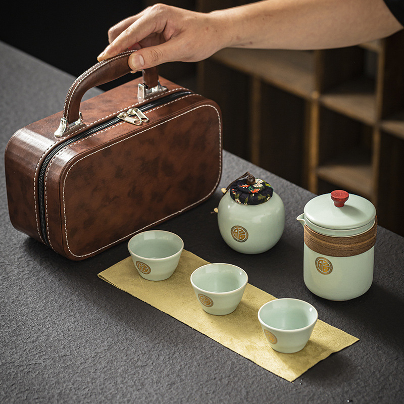 Kuaike cup, one pot, three cups, ceramic portable travel tea set, kung fu outdoor teapot, business trip equipment, tea cup