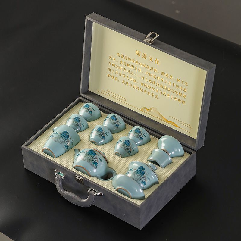 Tianqing Beige Ru kiln open piece high-end teapot cover bowl set ceramic household holiday gift set Kung Fu tea set