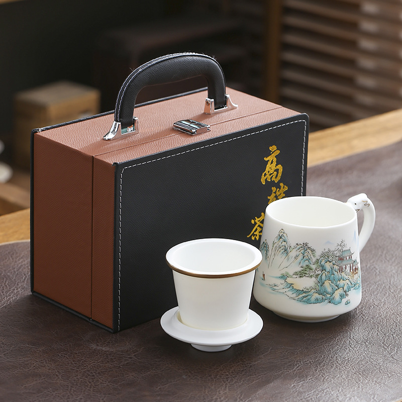 High-end veggie roasted mutton fat jade porcelain tea cup tea separation ceramic tea cup meeting water cup business convenience gift