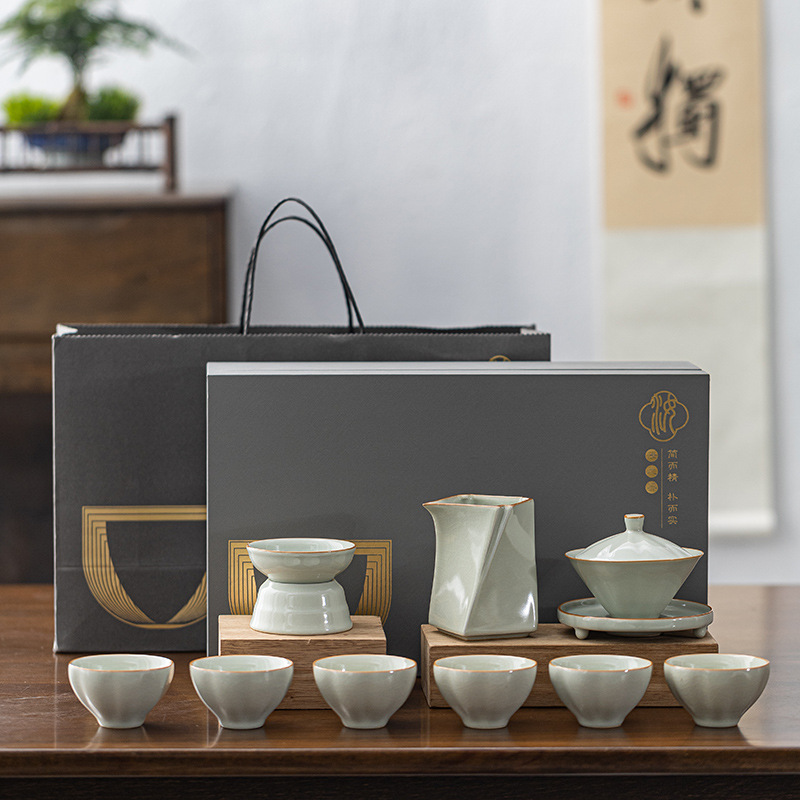 Tea set High-end household new Ru kiln ceramic cover bowl tea cup kung fu tea set gift complete set of tea gift