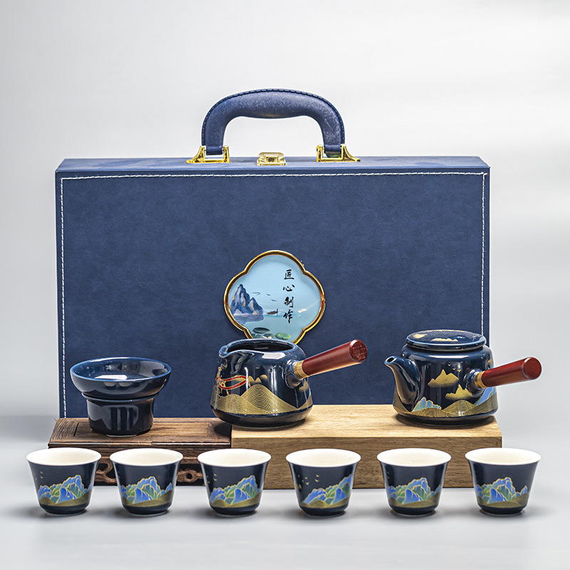 Blue glaze kung fu tea set living room side handle teapot ceramic tea cup complete set gift tea gift light luxury retro tea set