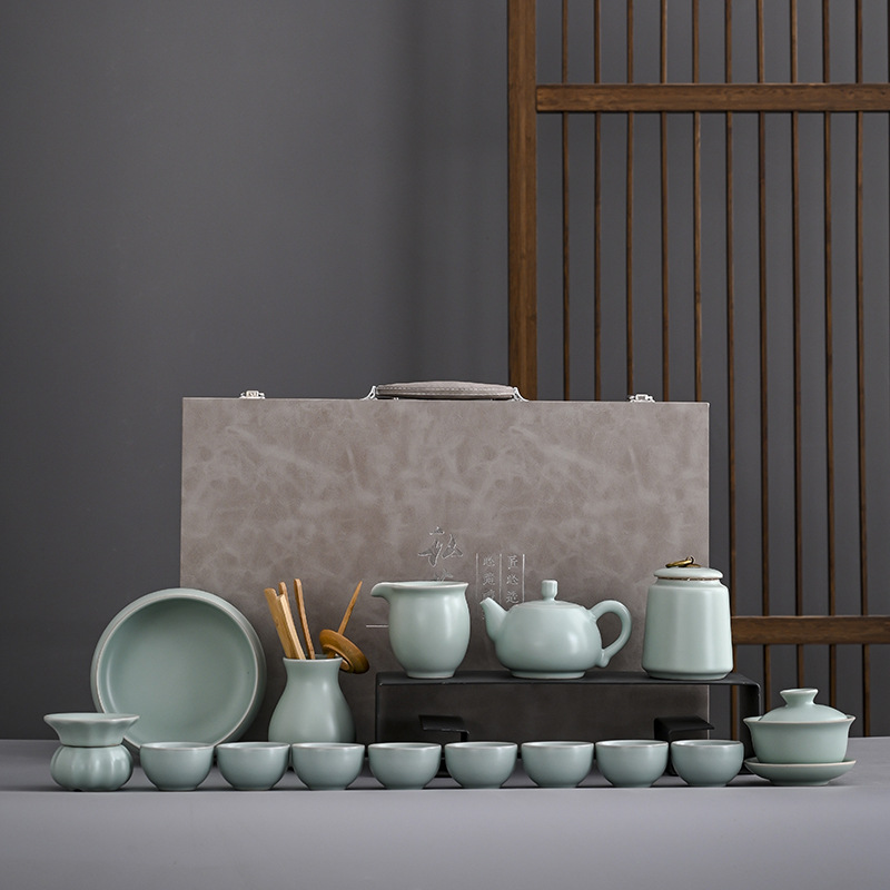 Ru kiln tea set, 15 heads, complete set, high-end Ru porcelain open piece, can be raised teapot, tea washing, tea cans, retro