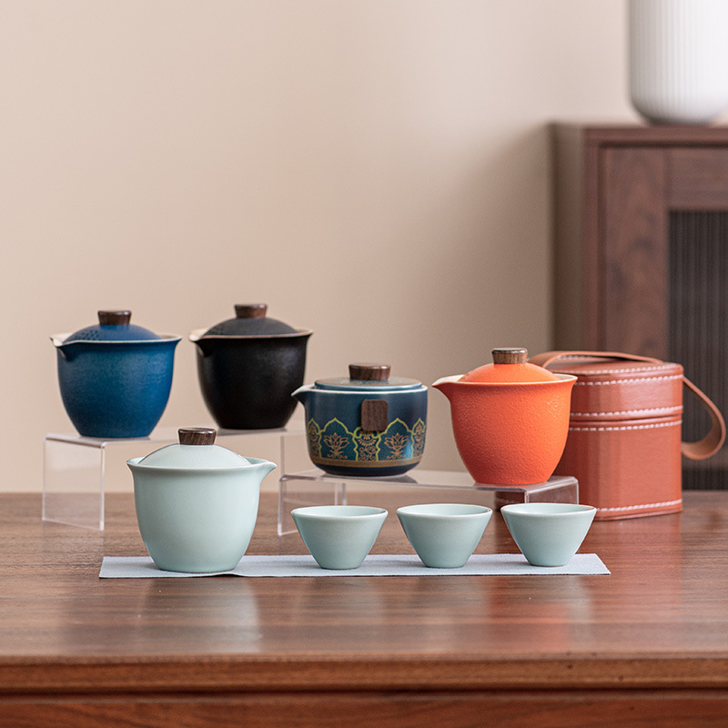 Ceramic simple outdoor travel tea set, one pot, three cups, quick cups, portable storage bag, customized gift set