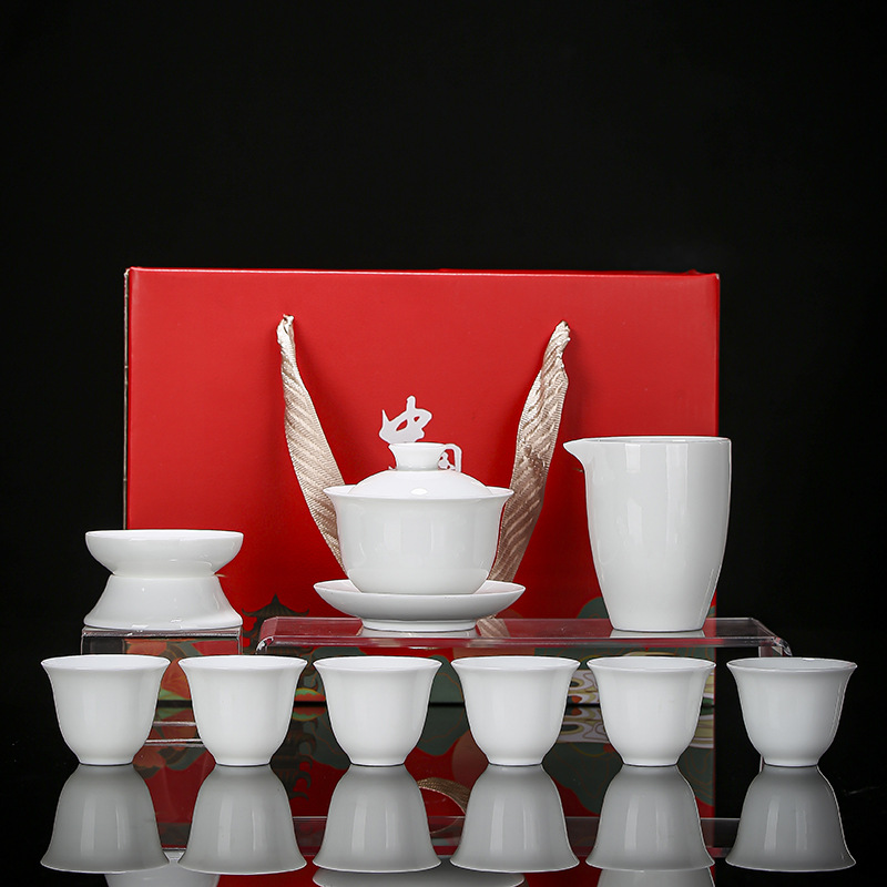 White porcelain ceramic kung fu tea set, home living room cover bowl, tea cup, gift gift box, custom LOGO