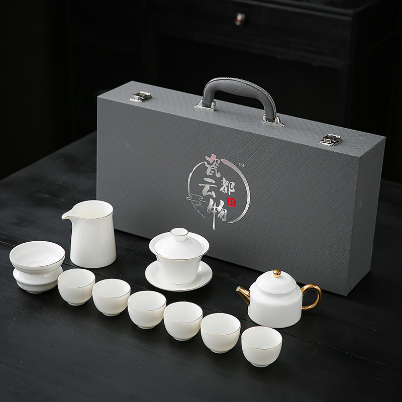Dehua white porcelain high-end sheep fat jade kung fu tea set household living room cover bowl teapot tea cup gift to customers