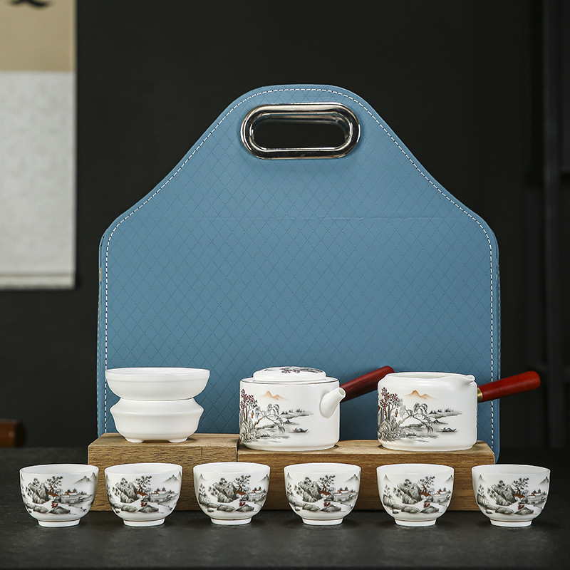 White porcelain sheep fat jade travel tea set portable bag outdoor one pot six cups ceramic household activity print LOGO
