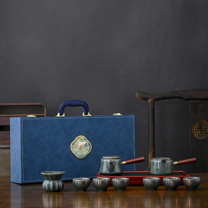 Ru kiln tea set, double-handle teapot, light luxury kung fu tea set, high-end ceramic teapot, tea set, small tea cup