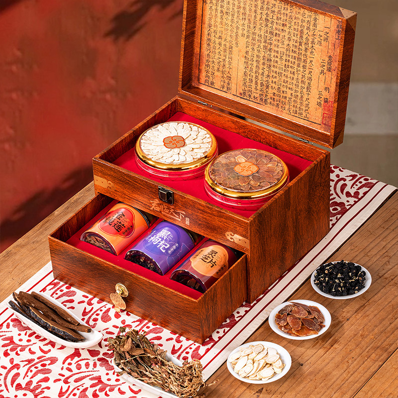 American ginseng, red ginseng, black wolfberry, ganoderma lucidum, gold anointed lotus, traditional nourishing gift box, 155g, Mid-Autumn Festival gift box