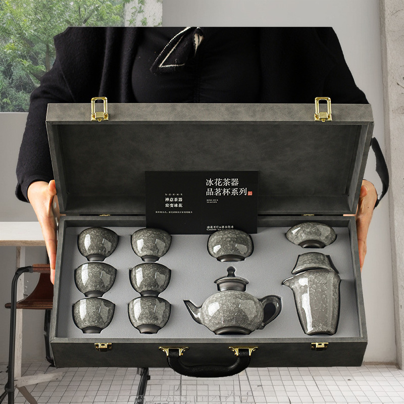 Dehua Black Ice Kung Fu Tea Set Wholesale Household Office Simple Water Ice Tea Pot Tea Cup Gift Box