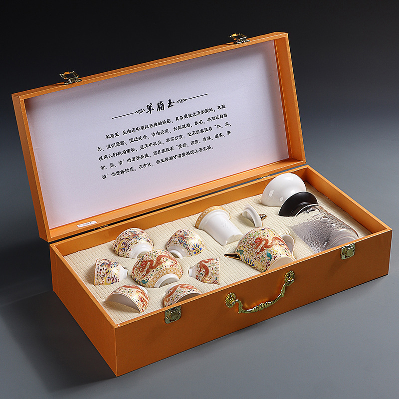 Palace style sheep fat jade enamel color kung fu tea set Dehua white porcelain household teapot tea cup complete set of business gift tea set