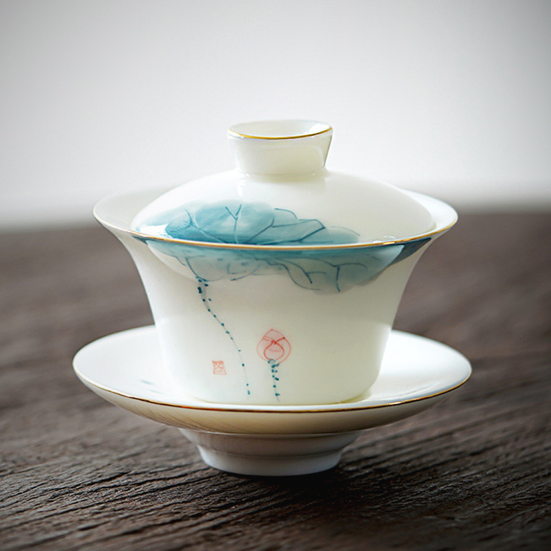 Dehua Yangzhi Jade Sancai Tea Cover Bowl Hand-painted Lotus White Porcelain Household Creative Kung Fu Tea Set Hand-held Tea Bowl
