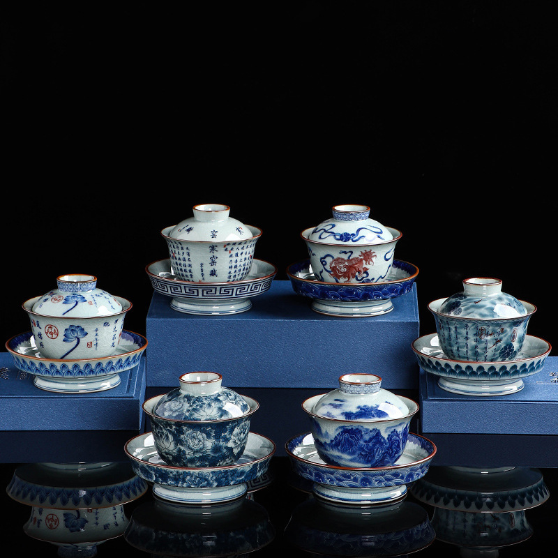 Ceramic three-talent cover bowl single kung fu tea set not hot blue and white porcelain tea bowl serving tea bowl large office household