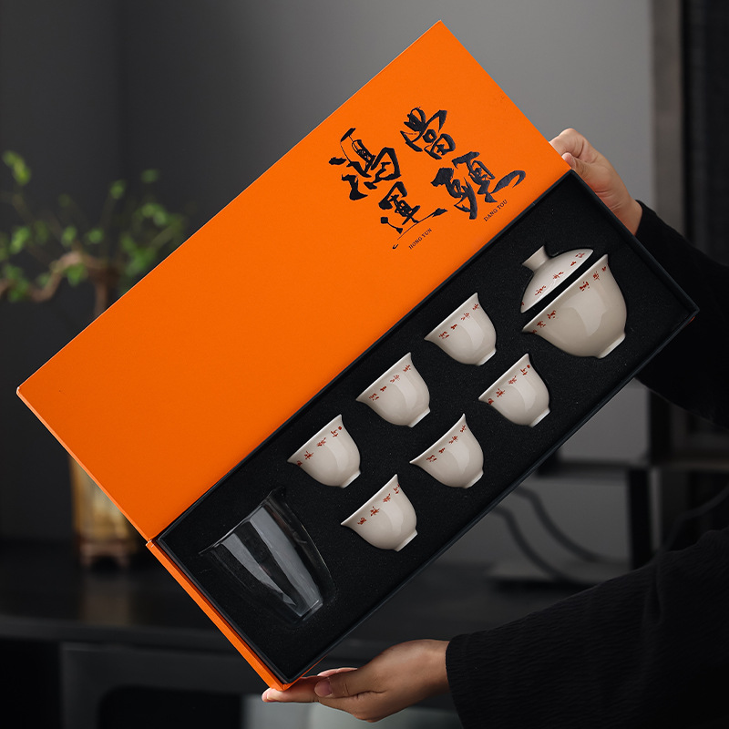 China white kung fu tea set, plant ash, Japanese retro ceramic cover bowl, tea cup, household tea making business gift