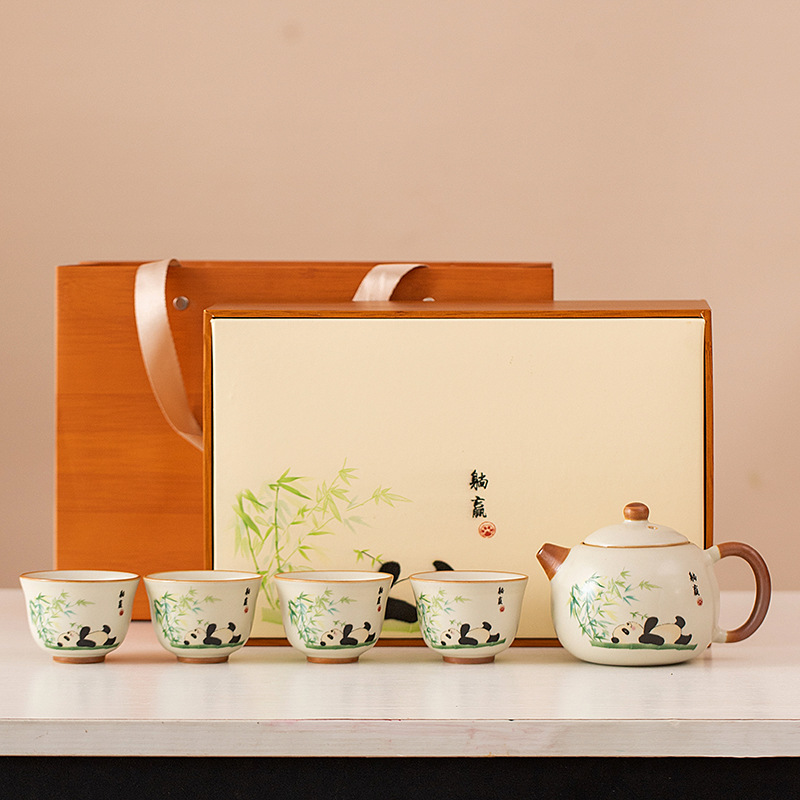 Beige Ru kiln Kung Fu tea set, household ceramic teapot, tea cup, gift box, company holiday business gift