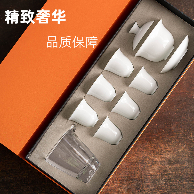 Dehua white porcelain set kungfu tea set gift wholesale logo cover bowl tea cup gift set business gifts