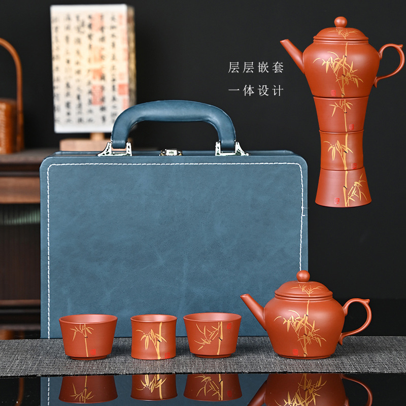Original ore red clay purple sand teapot set Creative tea cup stackable tea pot Golden bamboo plum blossom hand-painted tea set