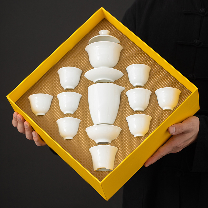 Dehua white porcelain kung fu tea set complete set of home office ceramics mutton fat jade living room cover bowl cup gift box
