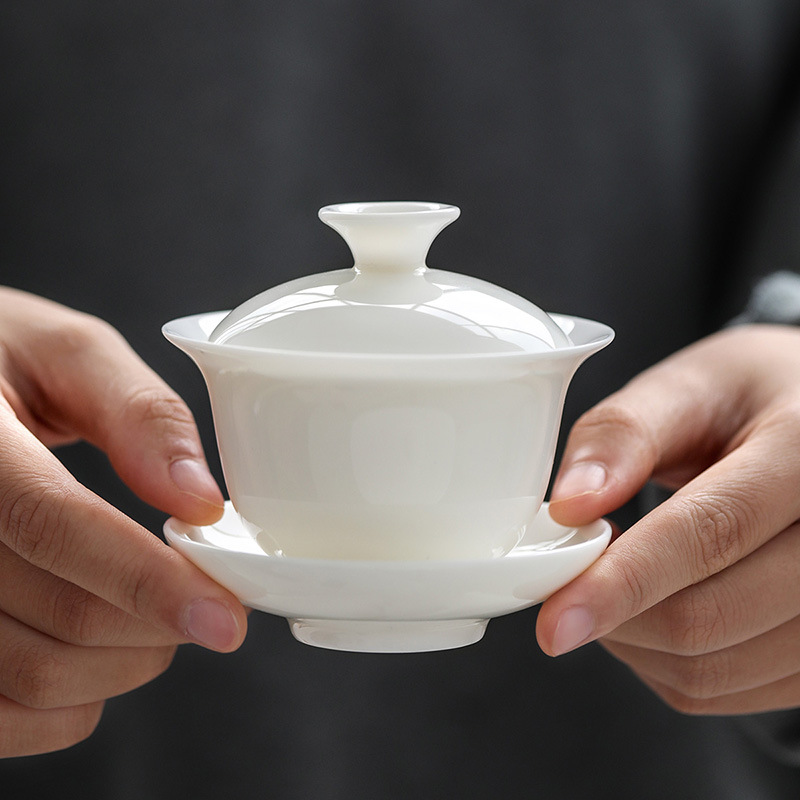 Dehua sheep fat jade white porcelain single cover bowl tea cup ceramic handmade large tea maker household kung fu three-talent tea bowl