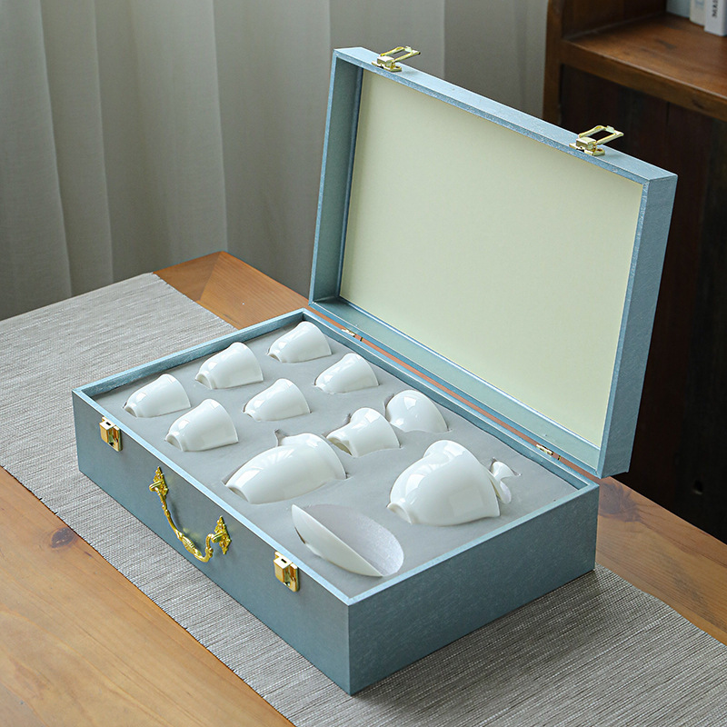 Yangzhi jade kung fu tea set Dehua white porcelain tea set gift box Chinese simple company event tea set accompanying gift