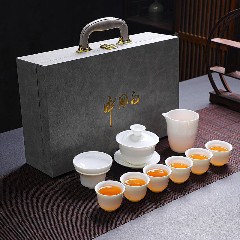 Sheep fat jade white porcelain tea set Light blue gift box China white kung fu tea set set Good business gift