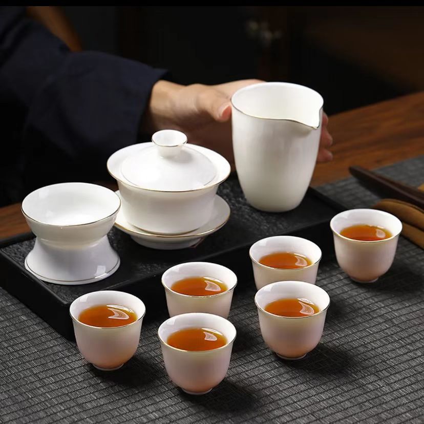 Sheep fat jade white porcelain kung fu tea set household office ceramic tea pot cover bowl tea cup complete set of business gifts