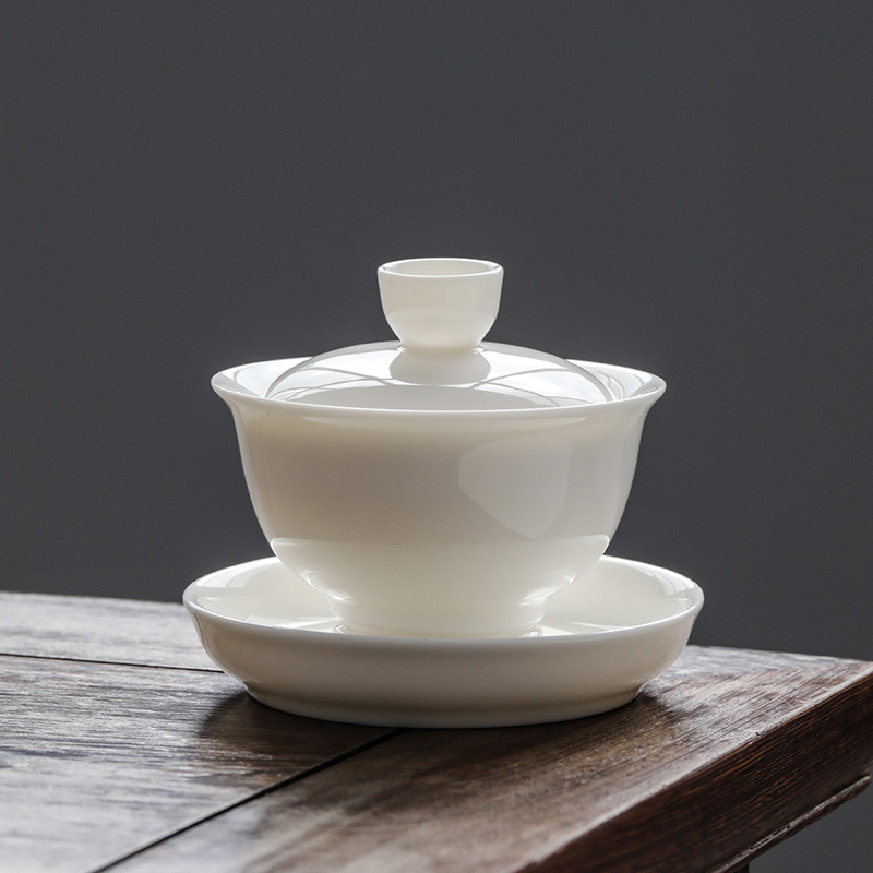 High-end mutton fat jade China white large cover bowl, tribute tea cup, ceramic bowl, household tea making bowl, kung fu three-talent tea making bowl