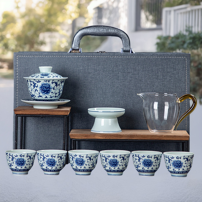 Household retro complete set of ceramics Kung Fu tea set blue and white underglaze color ceramics complete set of high-end gift boxes