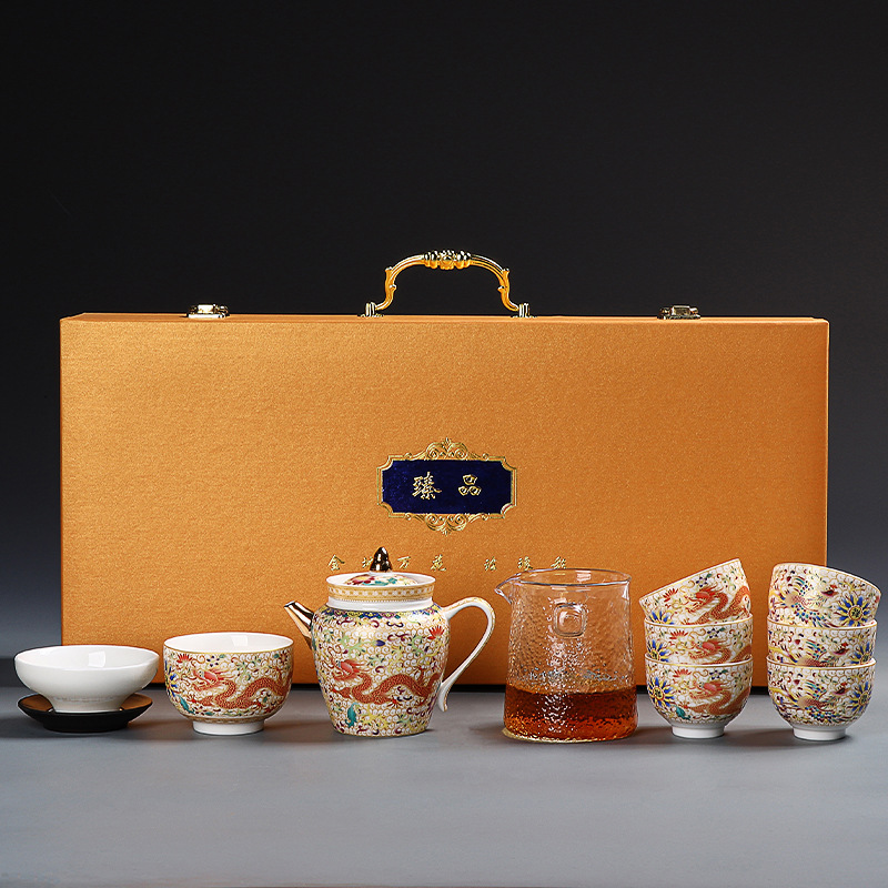 Sheep fat jade enamel color tea set Dehua white porcelain teapot tea cup complete set of business gifts tea set of national trend gift box