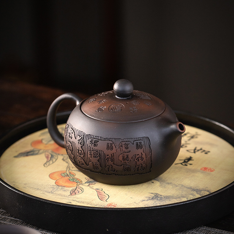 Zhu Ni purple sand pot semi-hand-carved household teapot set, raw ore Dahongpao Kung Fu tea set, flat Xishi pot