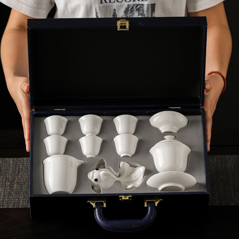 Dehua sheep fat jade porcelain is abundant every year, covering bowls and teacups set, high-end business tea sets, personal event gifts