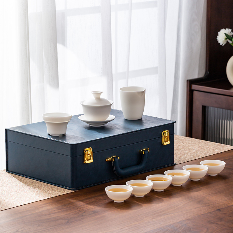 Veget-roasted mutton fat jade tea set wholesale white porcelain cover bowl complete set of business gifts office household gift gift tea set