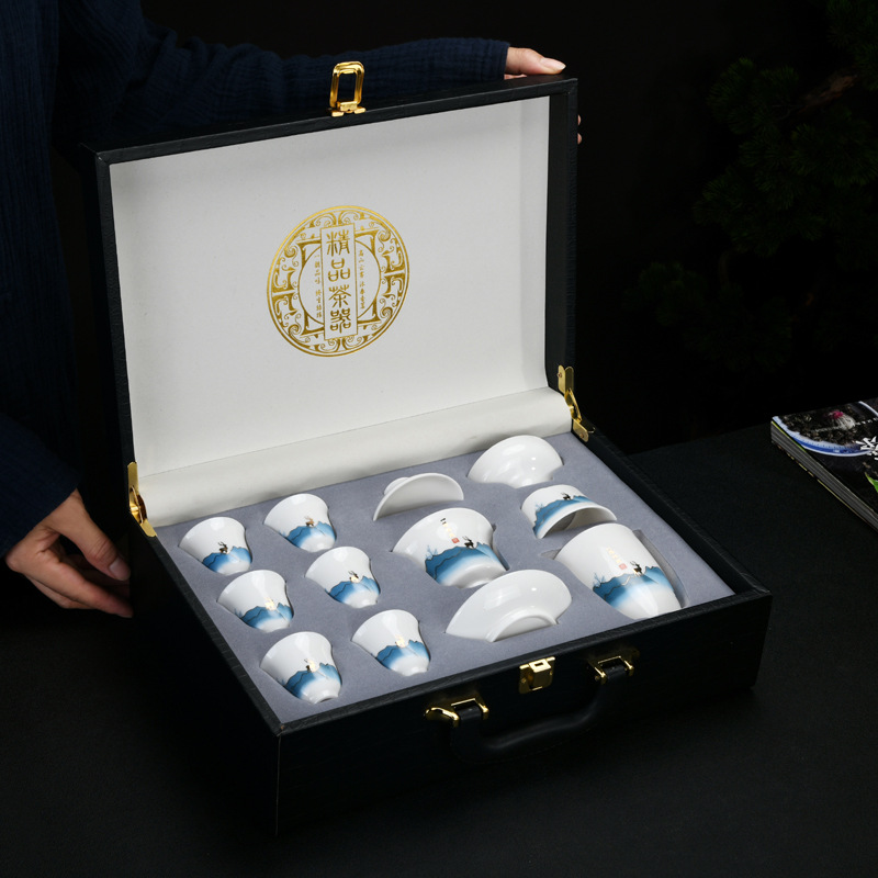 Dehua sheep fat jade kung fu tea set home living room guest office tea cup ceramic gift box national trend gift box
