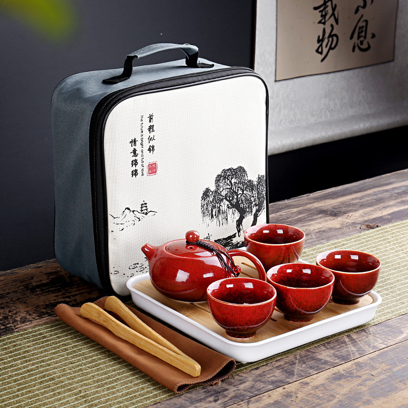 Travel tea set portable ceramics kiln glaze one pot four cups tea set household personal gift gift box