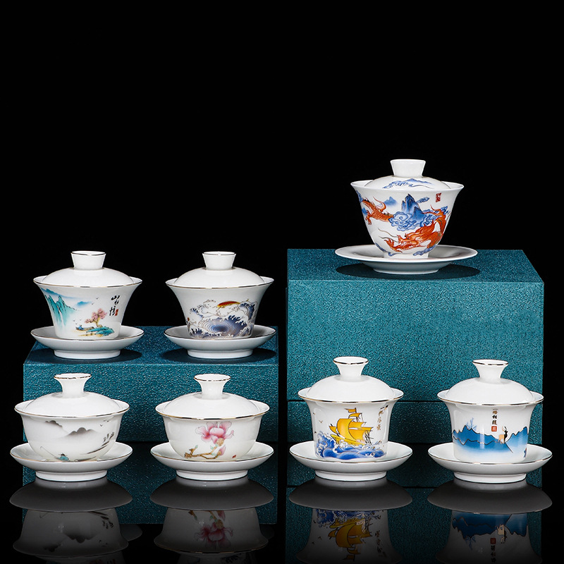 Cover bowl tea cup Single household ceramic Sancai white porcelain tea bowl with cover not hot tea set painted gold cover bowl