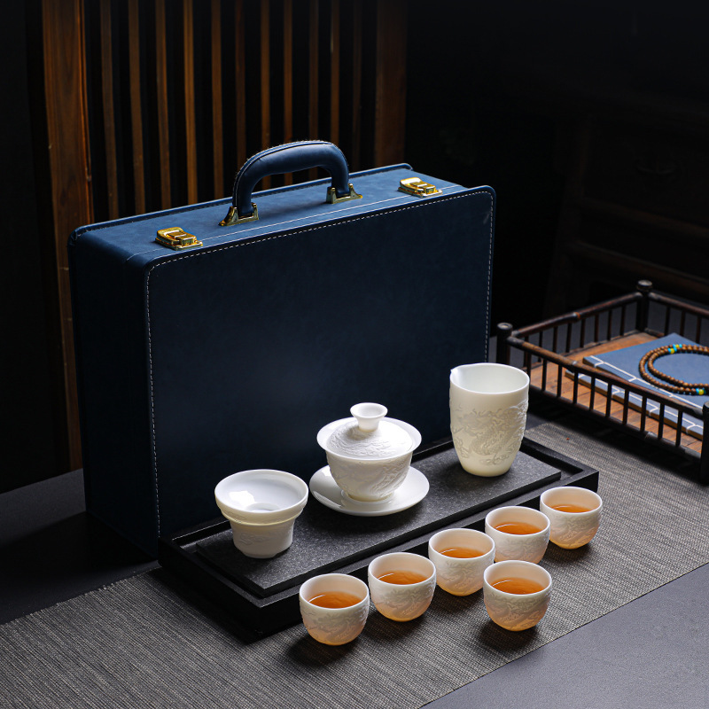 Ceramic Kung Fu tea set complete set wholesale sheep fat jade white porcelain tea set household gift box business gift tea set
