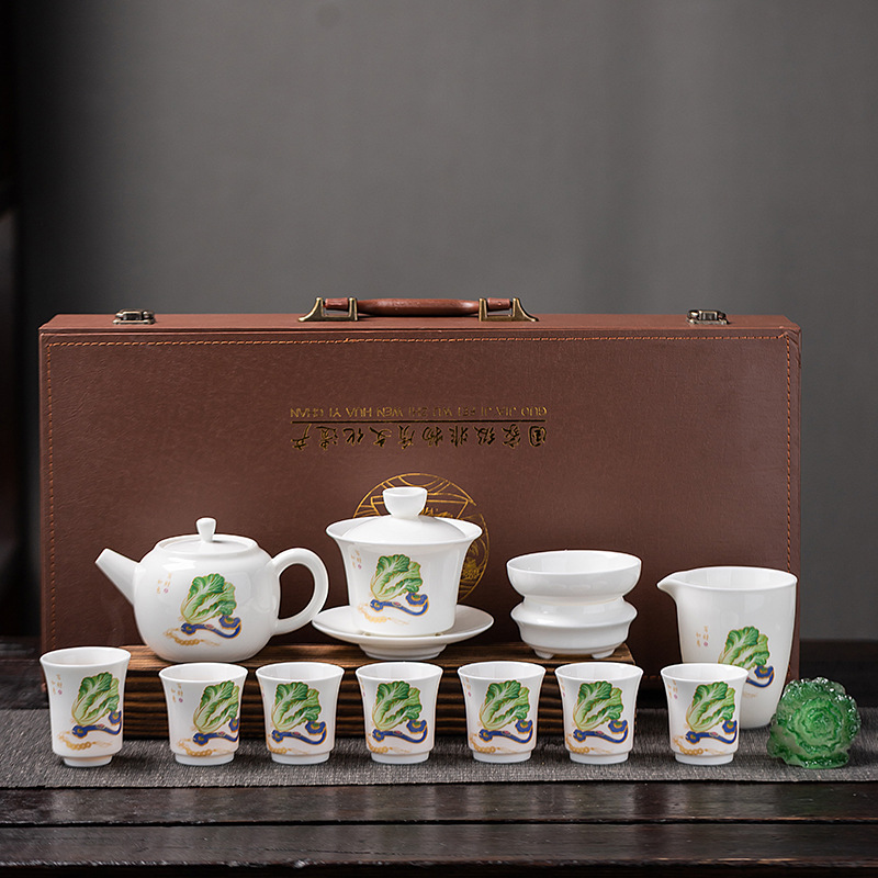 Yangzhi jade light luxury kung fu tea set home office guests tea making ceramics high-end gift box set business gifts