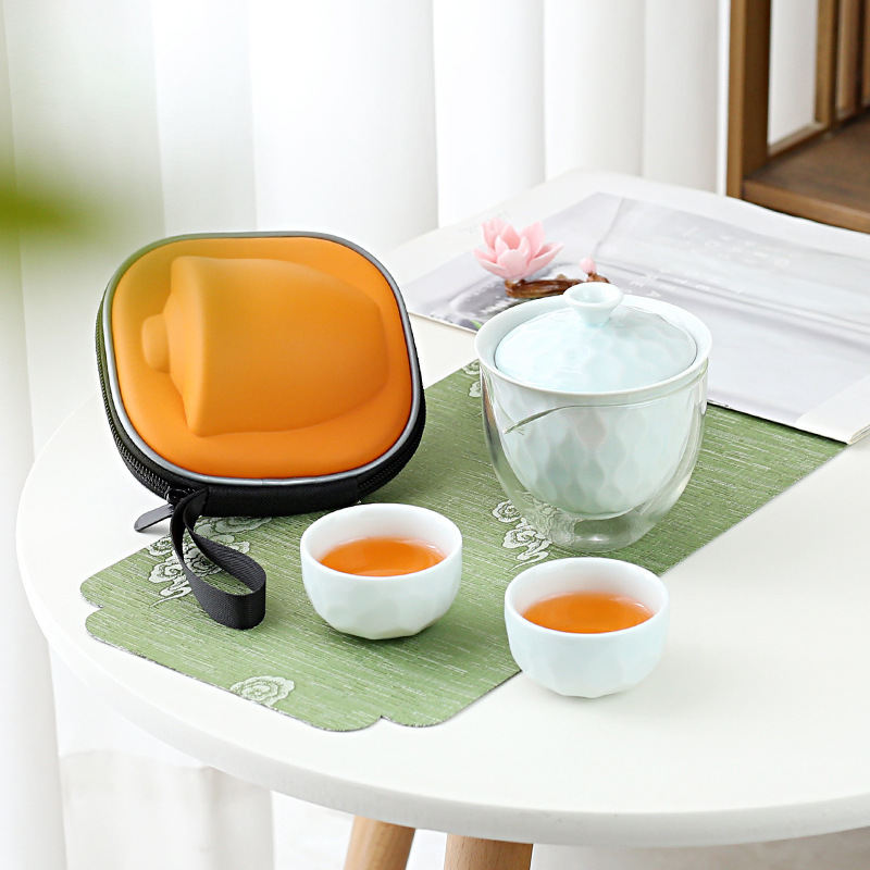 Cover bowl travel tea set Kuaike cup ceramic one pot two cups travel portable storage bag Kung Fu tea set
