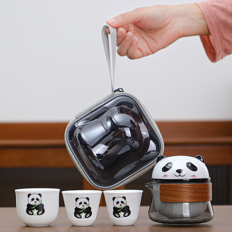 Panda Kuaike Travel Tea Set One pot of three Kuaike cups Outdoor travel tea making Kung Fu tea cup accompanied by hand gift