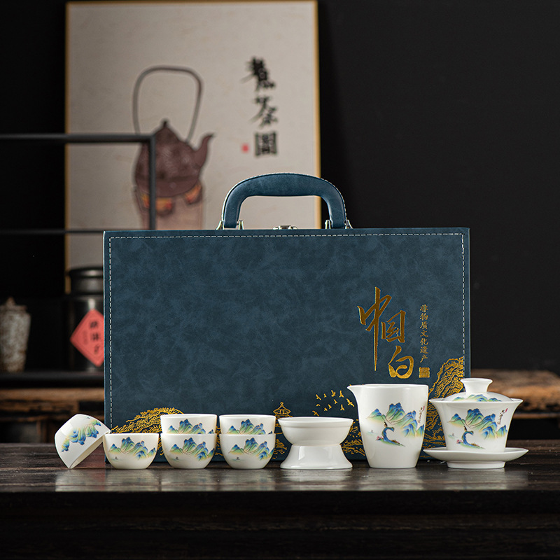 Dehua white porcelain sheep fat jade kung fu tea set high-end gift box cover bowl tea cup print logo business personal gift