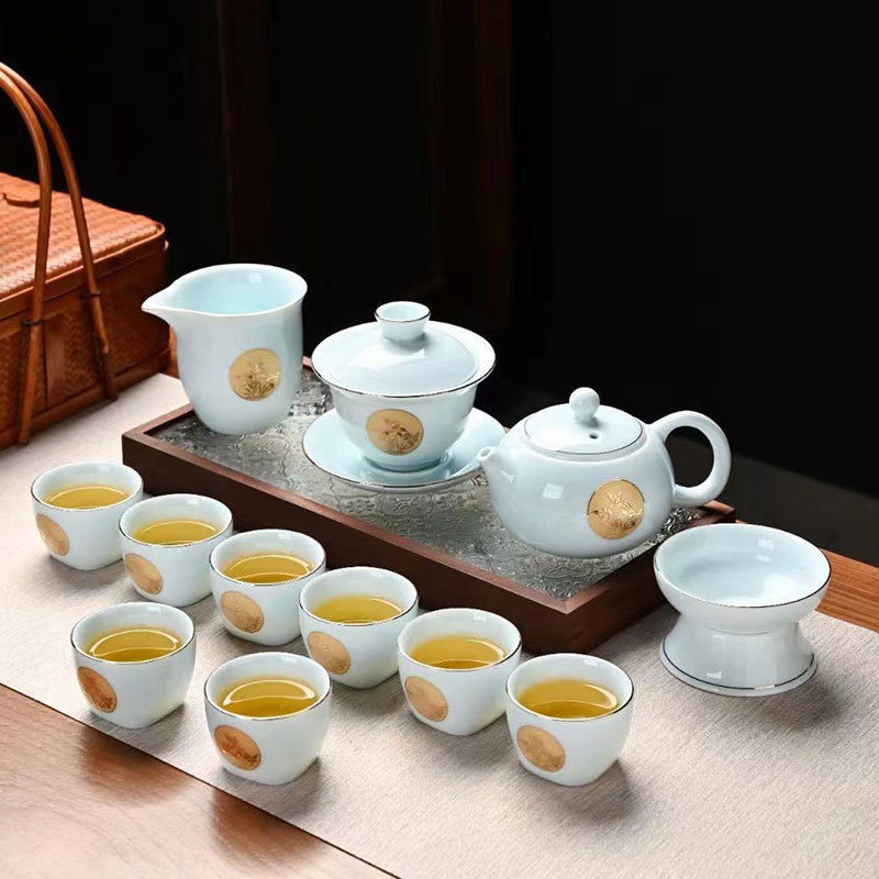 Ceramic tea set, household three-talent cover bowl, tea bowl, tea tasting cup, kung fu tea set, Chinese shadow green gift box set