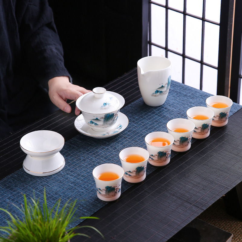 Dehua sheep fat jade kung fu tea set household living room light luxury tea making office guests high-end white porcelain covered bowl