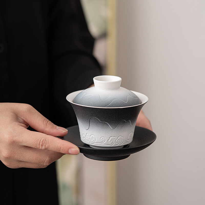 Kung Fu tea set coarse pottery three-talent cover bowl ceramic household tea bowl with cover Kung Fu tea set single small tea maker